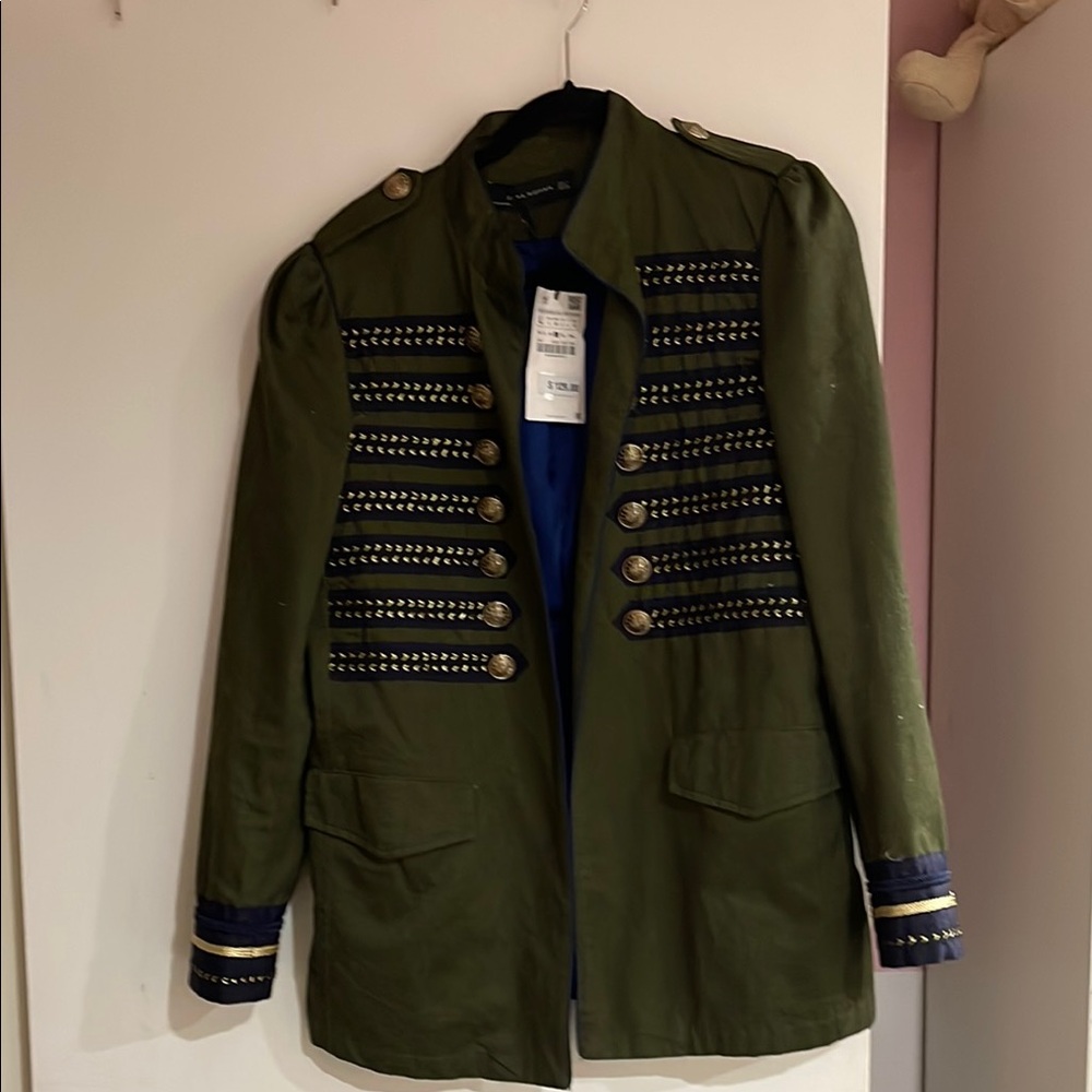 Dark Olive Green Military-Style Jacket with Stud Embellishments